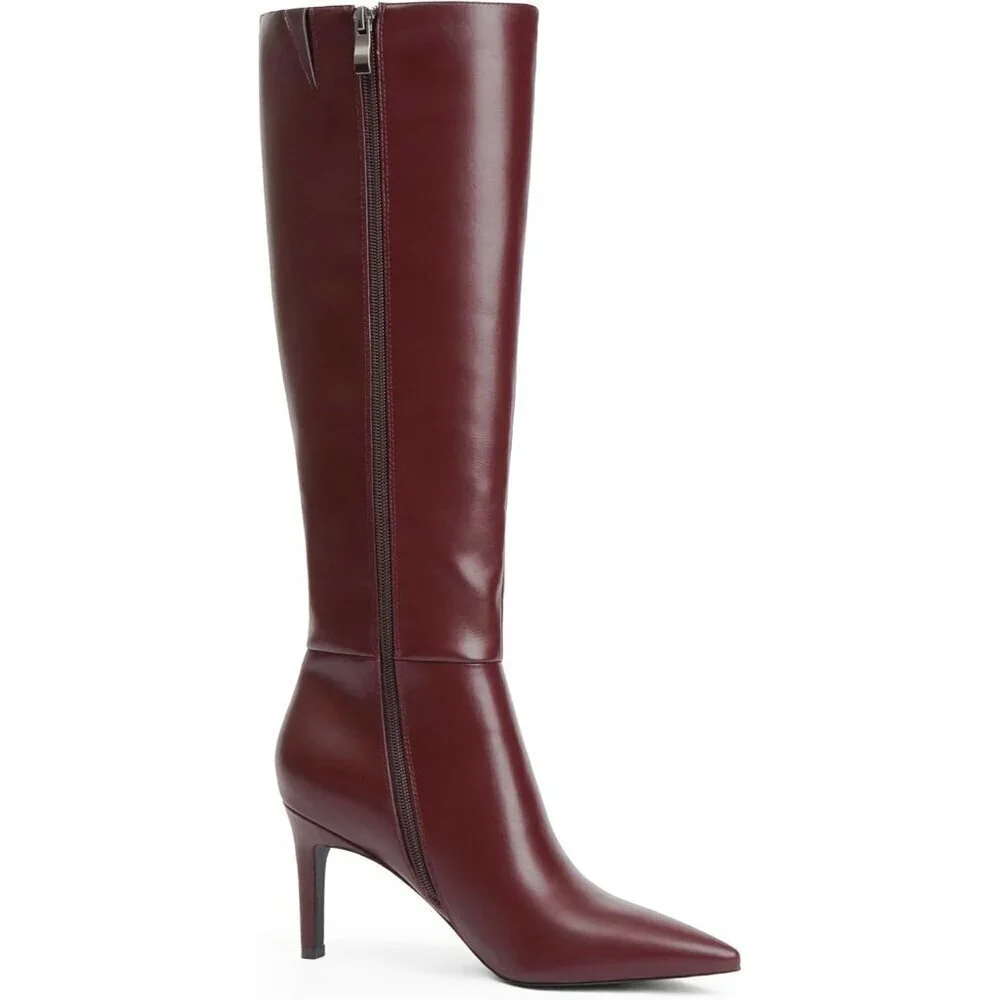 Women Burgundy Faux Leather Pointed Toe Tall  Stiletto High Zipper Dress Boot